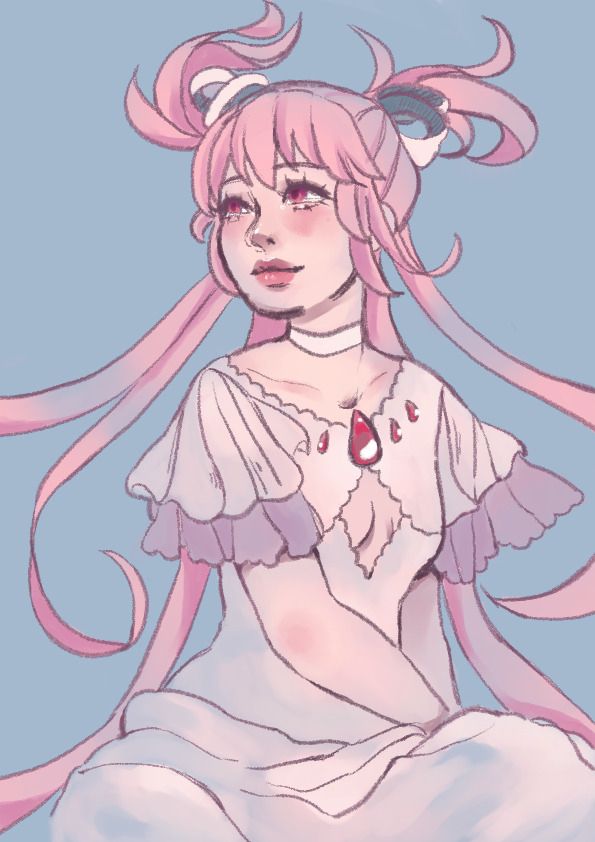 A digital art piece of madoka from Madoka Magica. Her posture is relaxed and her body points to the left, while her head is facing the right. She has a gentle smile and is looking off into the distance. Her hair and clothing are being carried by a breeze.