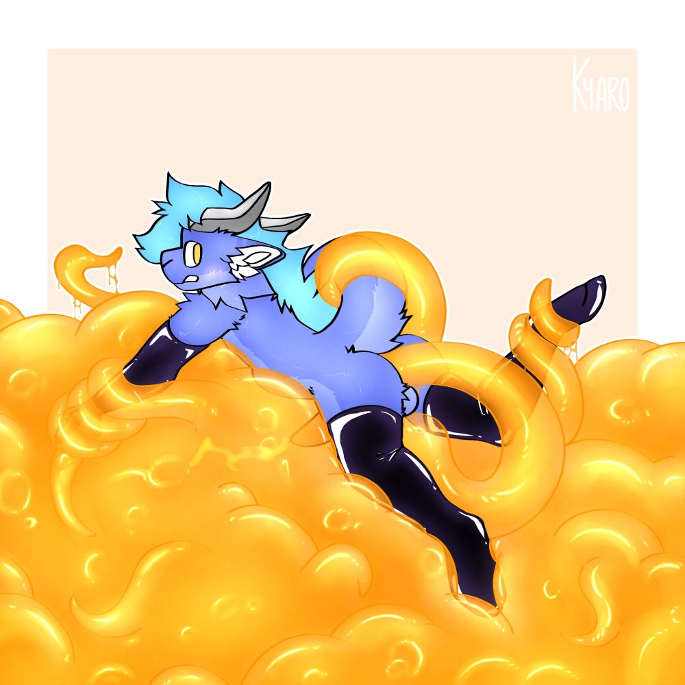 A blue furred dragon with latex stockings and armwear lying belly down in a huge amount of orange tentacles with some grabbing his taily his legs and arms, while he is getting pemetrated by some tentacles.