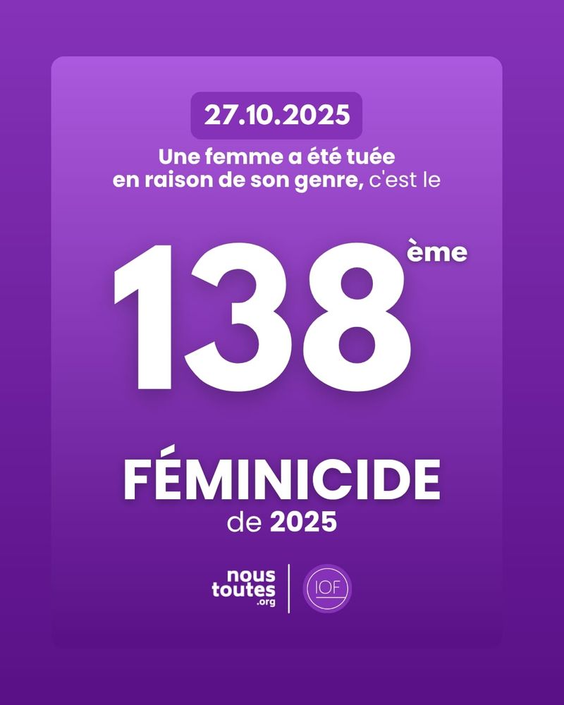 Affiche sur fond violet. 27 octobre 2025, une femme a été tuée en raison de son genre, c'est le 138ème féminicide de 2025.
Logos de nous toutes point org et inter orga féminicides.