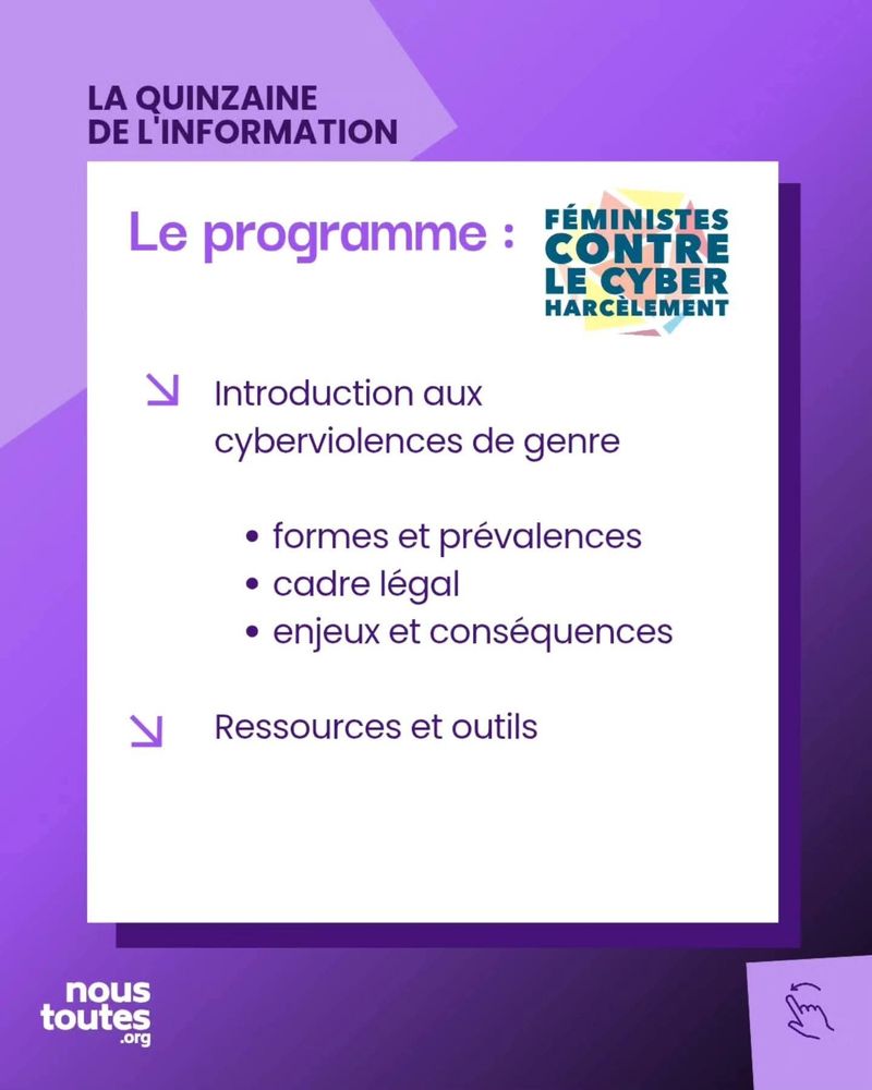 Affiche violette listant le contenu de la formation sous le titre "Le programme :". Il inclut "Introduction aux cyberviolences de genre" avec les sous-points "formes et prévalences", "cadre légal", "enjeux et conséquences", ainsi que "Ressources et outils".