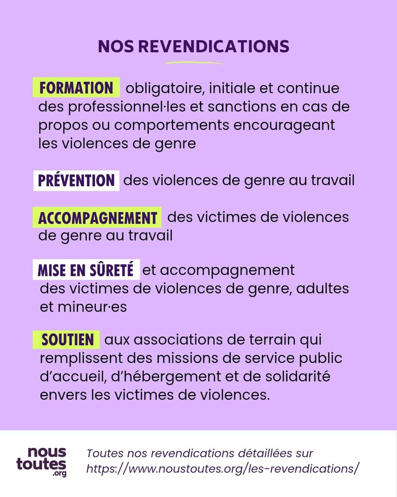 Sur cette dernière diapositive, on trouve un titre et cinq paragraphes distincts. 
Le titre, en lettres capitales violettes, est centré en haut de la diapositive : "NOS REVENDICATIONS". 
Viennent ensuite cinq paragraphes, ce qui donne une liste dont chaque élément a un titre. Chaque sous-titre est en lettres capitales, surligné en jaune ou en blanc, en alternance, et suivi d'un texte en petit et noir.
La première revendication de Nous Toutes est la suivante : 
"FORMATION obligatoire, initiale et continue des professionnellEs et sanctions en cas propos ou comportements encourageant les violences de genre"
Dans un deuxième paragraphe, la revendication est la suivante : "PRÉVENTION des violences de genre au travail".
Le troisième paragraphe vient ensuite : "ACCOMPAGNEMENT des victimes de violences de genre au travail"
La quatrième revendication suit : "MISE EN SÛRETÉ et accompagnement des victimes de violences de genre, adultes et mineurEs"
Enfin, la dernière est la suivante : "SOUTIEN aux associations de terrain qui remplissent des missions de service public d'accueil, d'hébergement et de solidarité envers les victimes de violences."
Sur le bas de la diapositive, on trouve un bandeau blanc sur lequel est écrit en violet : "Toutes nos revendications détaillées sur https://www.noustoutes.org/les-revendications/ ". 
