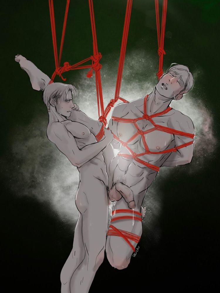 Erwin Smith suspended in red shibari ropes while Levi Ackerman fucks him in a standing position 