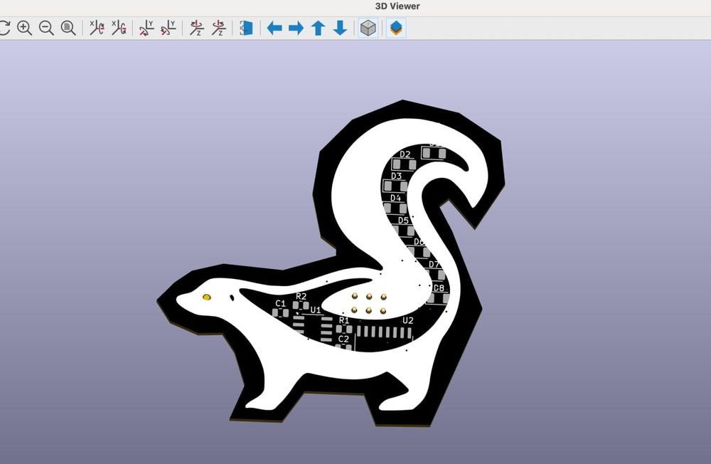 A 3D rendering of a PCB shaped like a skunk