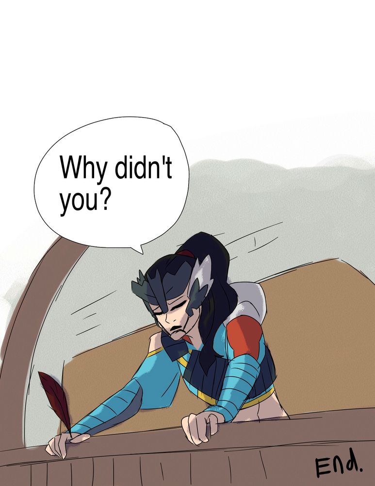 Talanah sits at the balcony of the lodge, thinking about the Harpy, she holds a feather she found when she was trying to find the Harpy she caught. 