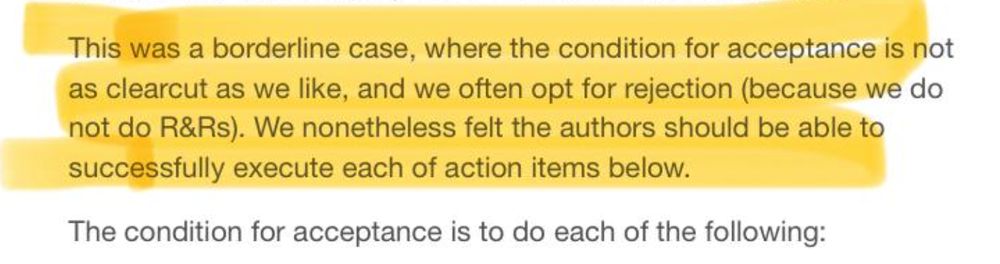 Decision letter reads "This was a borderline case, where the condition for acceptance is not as clearcut as we like, and we often opt for rejection (because we do not do R&Rs). We nonetheless felt the authors should be able to successfully execute each of action items below."