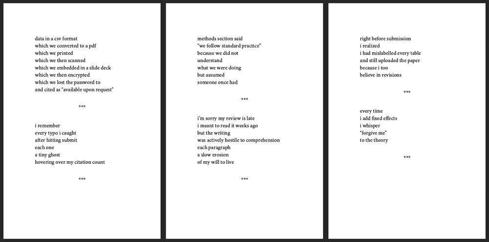 Mock up of a pamphlet with silly academic poems in the form of bluesky posts
