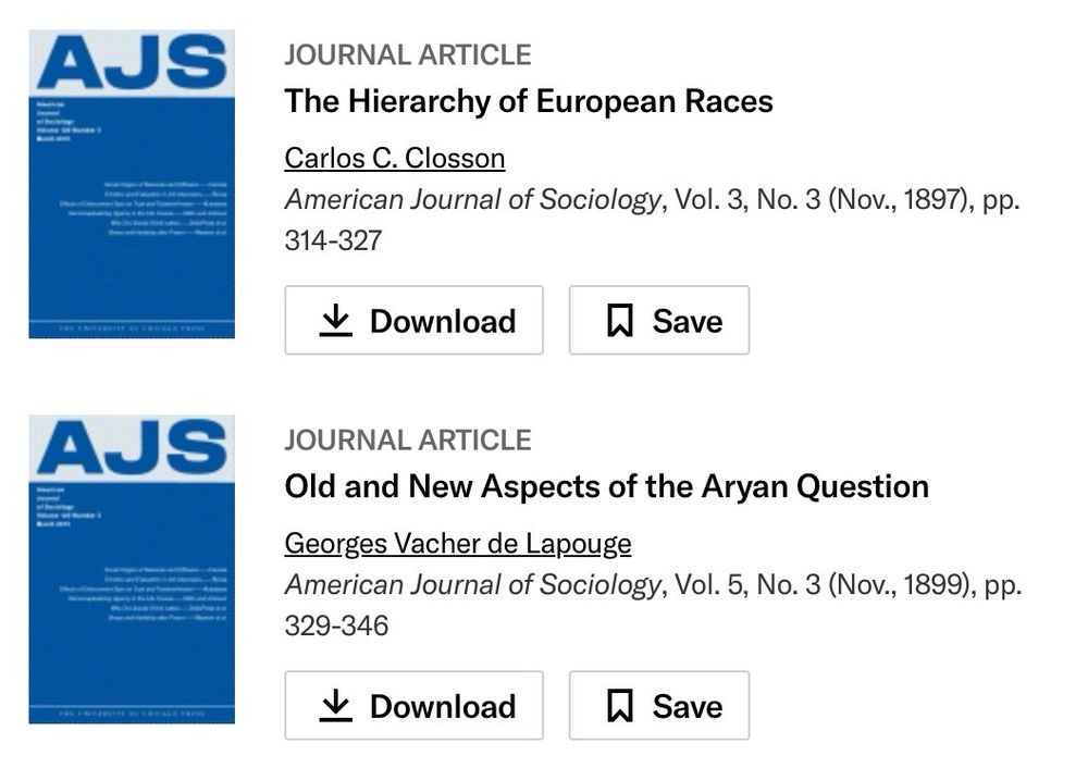 Late-1800s titles in American Journal of Sociology, including “The Hierarchy of European Races” and “Old and New Aspects of the Aryan Question”