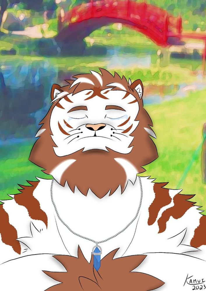 Kamui (a golden tiger), cries in a park. He is wearing a chain necklace with a blue crystalline pendant.