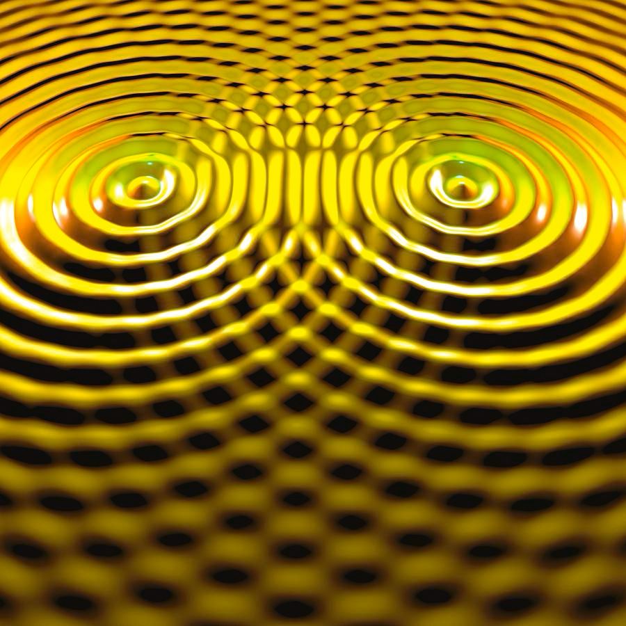 Two sets of circular waves interacting with each other. At the point where a wave peak from one hits a wave peak from another, or a trough hits a trough, they reinforce each other; their magnitudes are summed. This is known as constructive interference. Where a trough hits a peak or vice versa and they cancel each other out. This is known as destructive interference.