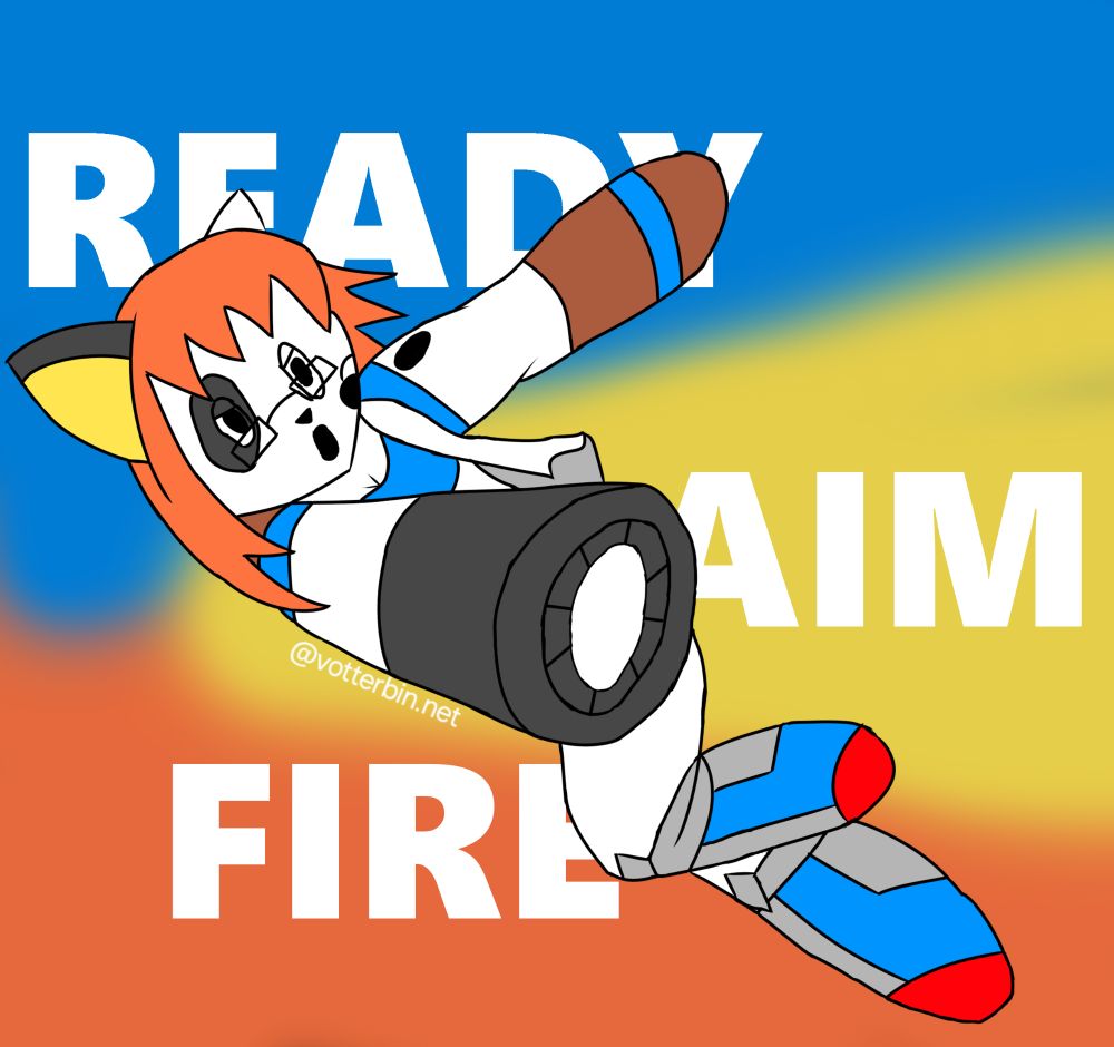 Irma sprinting across a multicolored background with her arm cannon charging; behind her is large, bold text reading "READY AIM FIRE"