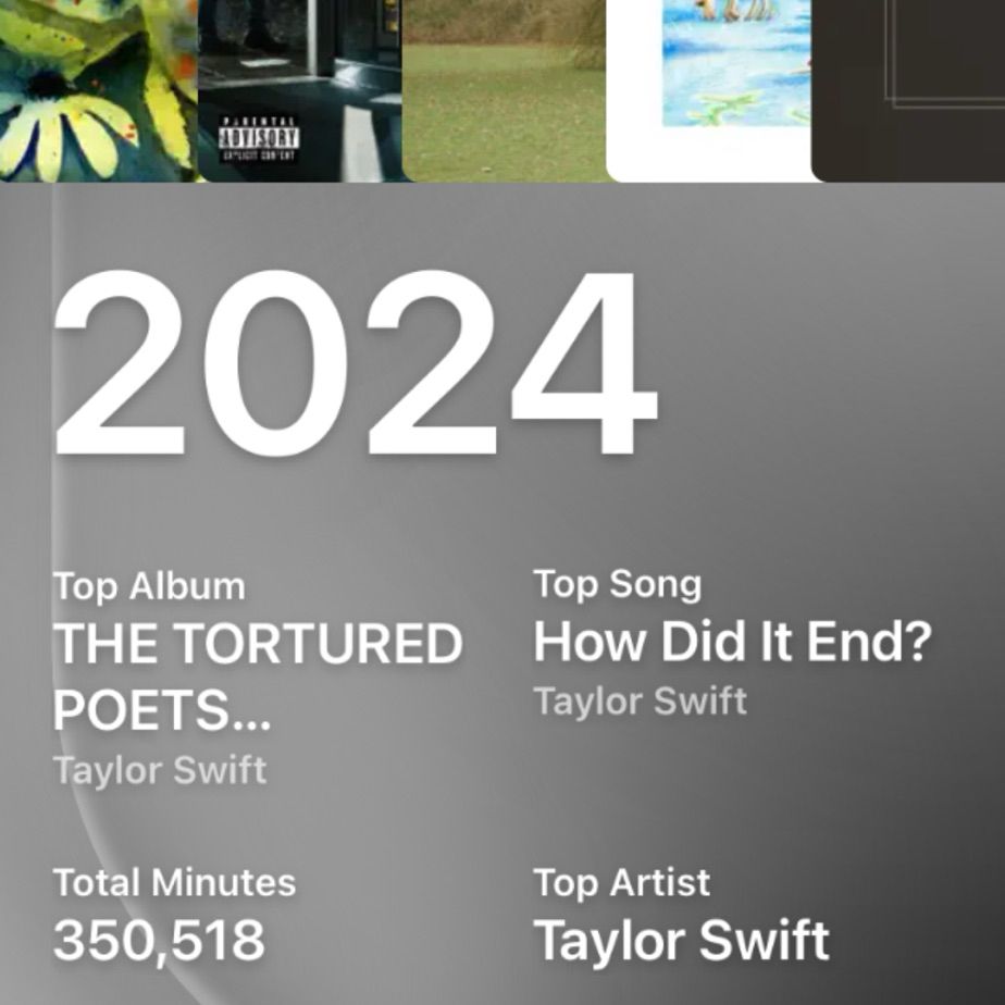 
2024
Top Album
THE TORTURED POETS DEPARTMENT
Taylor Swift
Total Minutes
350,518
Top Song
How Did It End?
Taylor Swift
Top Artist
Taylor Swift