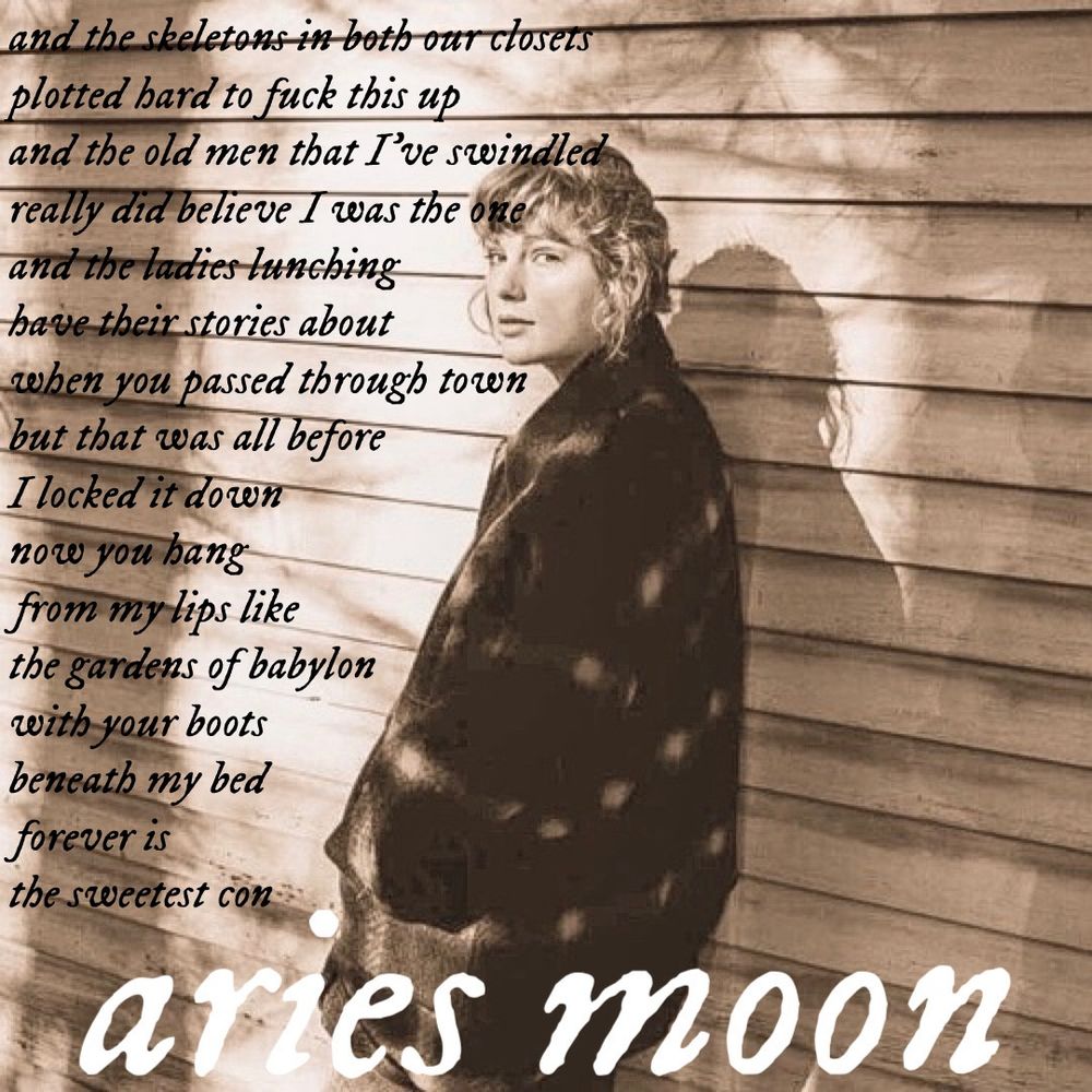 and the skeletons in both our closets plotted hard to fuck this up and the old men that I've swindled really did believe I was the one and the ladies lunching have their stories about when you passed through town but that was all before
I locked it down now you hang from my lips like the gardens of babylon with your boots beneath my bed forever is the sweetest con
artes moon