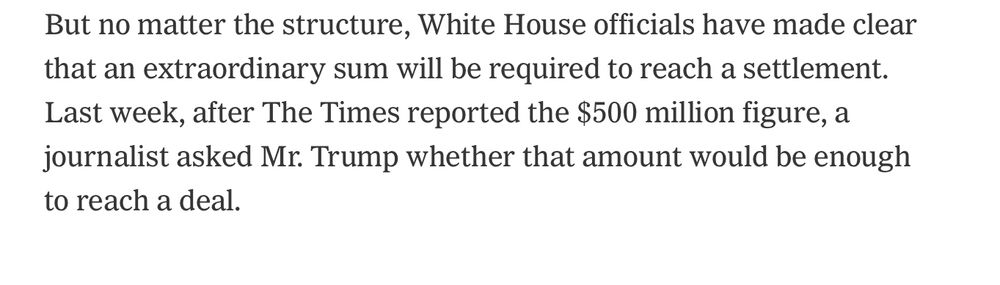 But no matter the structure, White House officials have made clear that an extraordinary sum will be required to reach a settlement.