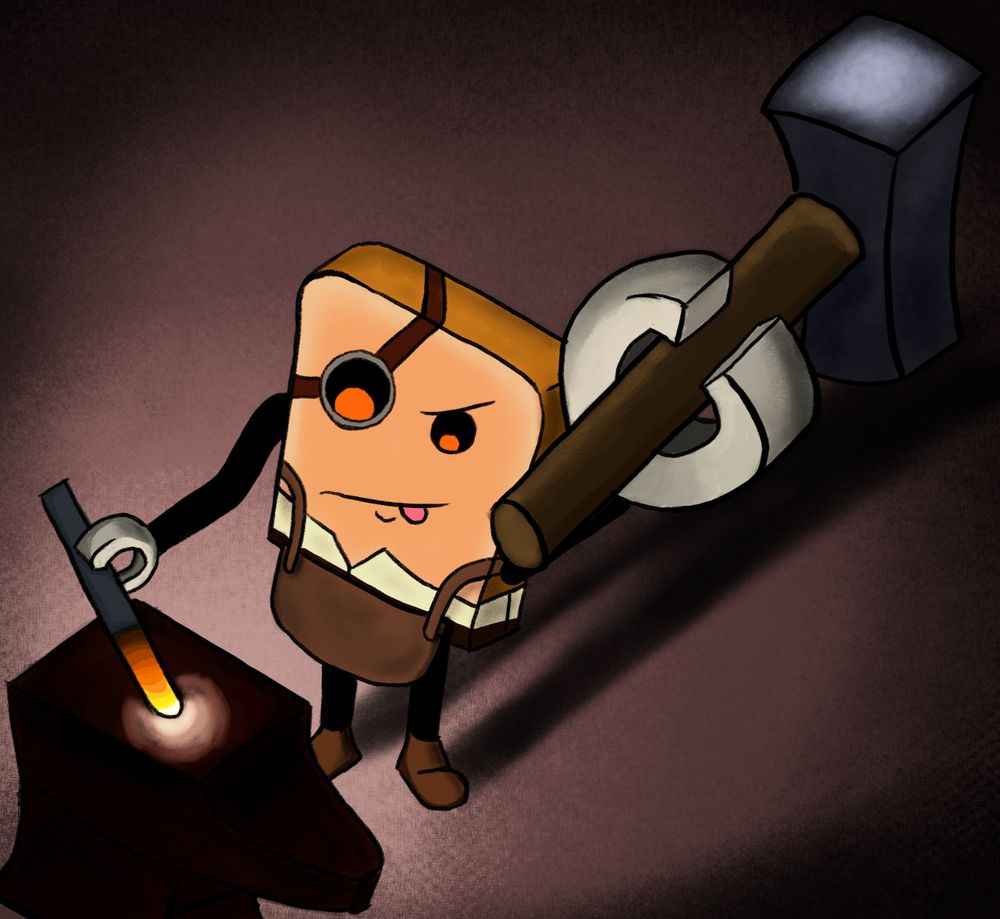 Robo working as a blacksmith. He is holding a hammer over his head while working on a piece of heated metal. 