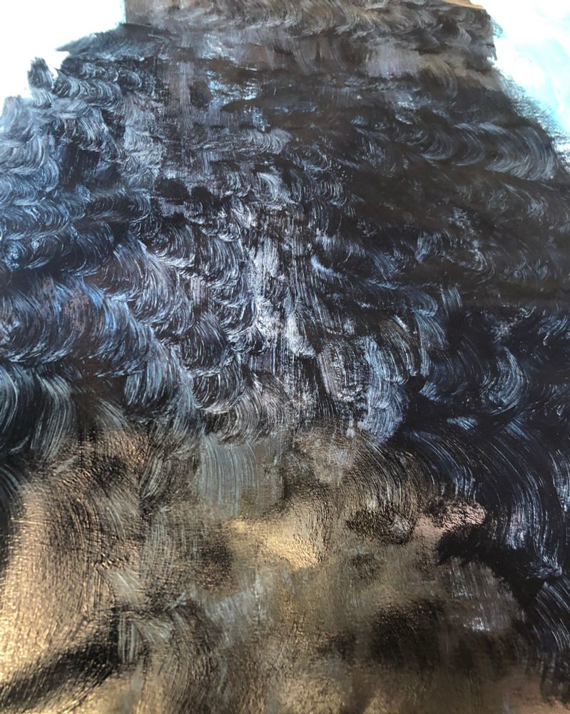Image depicts an outline from behind of an unidentifiable creature the top 2/3rds of the image appears to be black feathered and cascades down the back until it blends with what appears as a mottled fur. The creature in transition-mid shapeshift