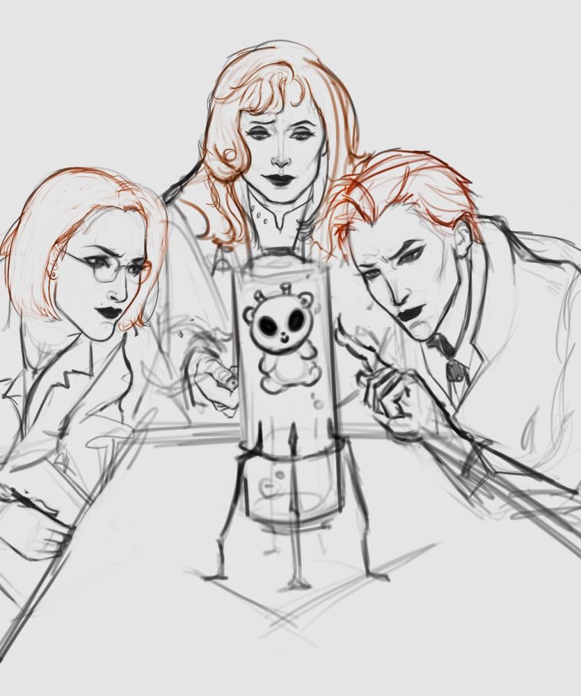 Digital art portraying Dana Scully, Beverly Crusher, and Moira O’Deorain investigating a peculiar specimen in a test tube
