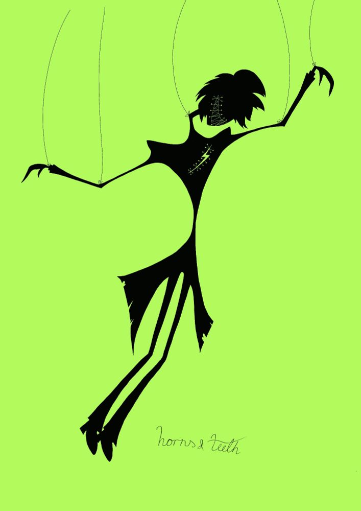 A Silhouette of Alastor from Hazbin Hotel against a bright green background. He is strung like a puppet with visable stiching on his chest and around his smile. 