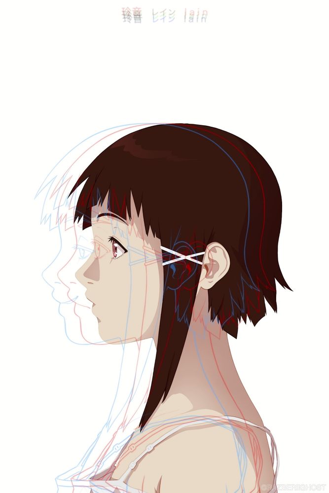An alternate version of a side-view illustration of Lain from the anime Serial Experiments Lain, without the distorted visual effects. The names of her personalities are at the top of the image.