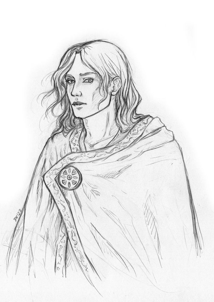 Dibujo de un hombre joven vestido con una capa de estilo visigodo unido al pecho con un broche redondo decorado con gemas preciosas. Tiene el pelo largo hasta los hombros y es muy guapo. Es una ilustración sin color, pero llena de detalles