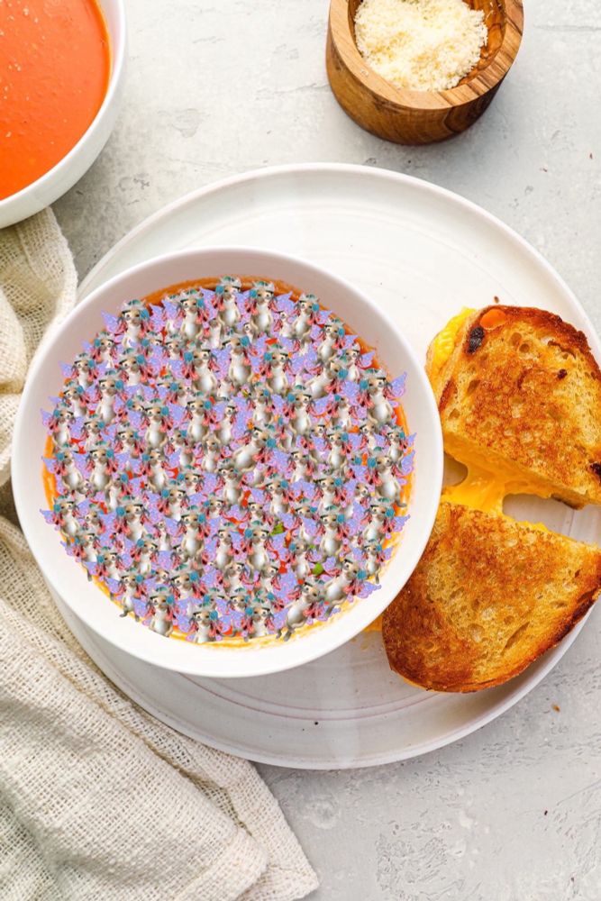 plate with a bowl of soup filled with katnation mascot bisexual miguel and a grilled cheese sandwich cut in two
