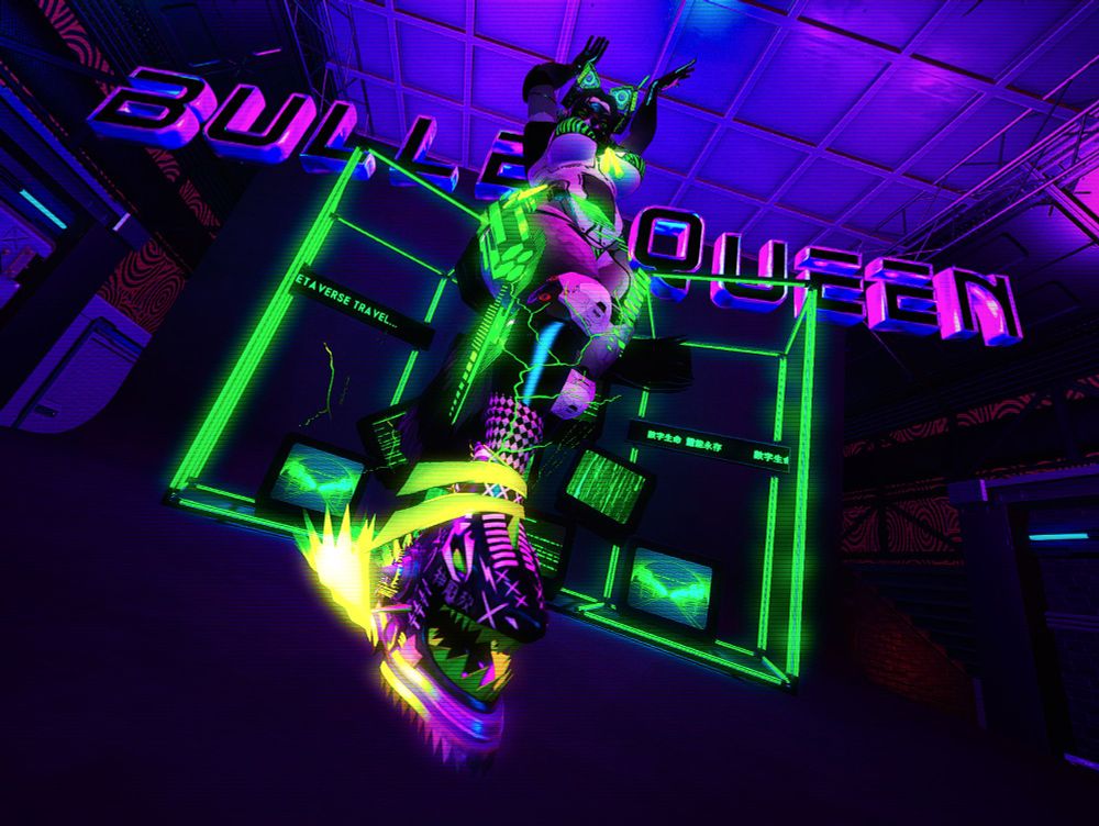 Image of a furry DJ, based on a stylized raccoon, wearing futuristic glowing neon clothes posing in front of their DJ set comprised of old CRT monitors. The words "Bullet queen" across the background
