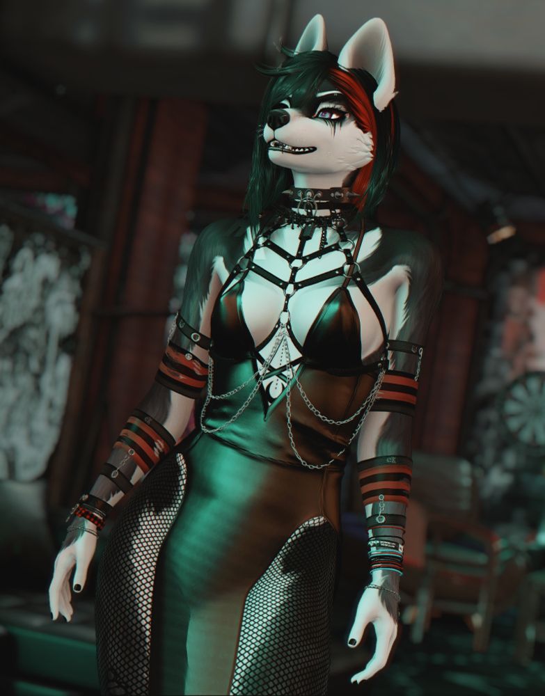emo-styled anthropmorphic dog girl wearing a revealing black dress