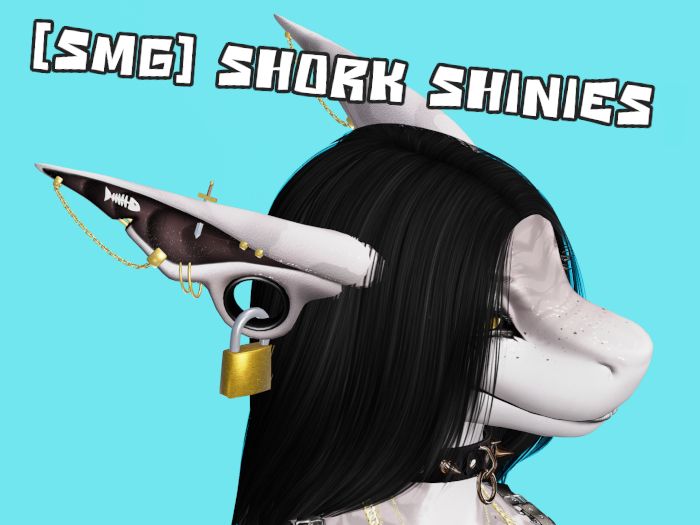 Ad image from SecondLife of a goth shark lady wearing AMAZINGLY designed ear piercings made by SMG