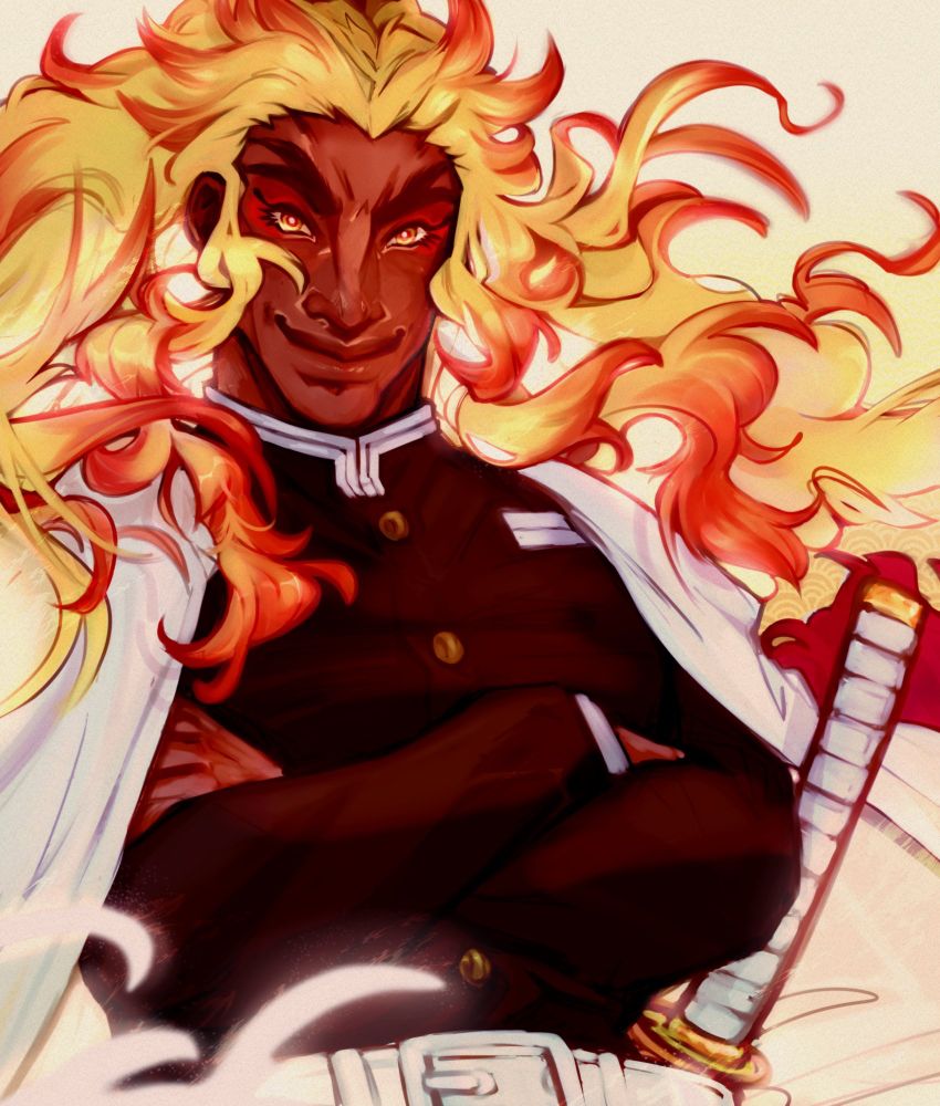 A waist-up shot of Rengoku from Demon Slayer