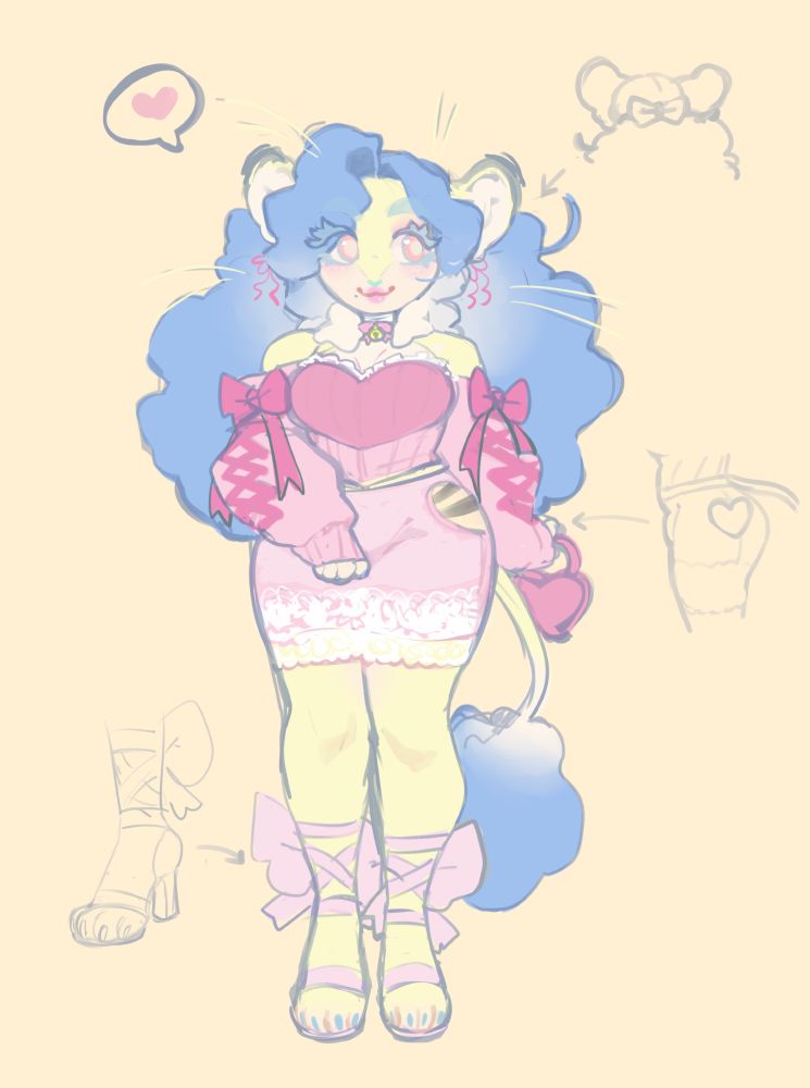 My OC, Moxie, a lion (she/he), wearing a pink heart and ribbon themed outfit, from his sweater to a lace skirt. 
