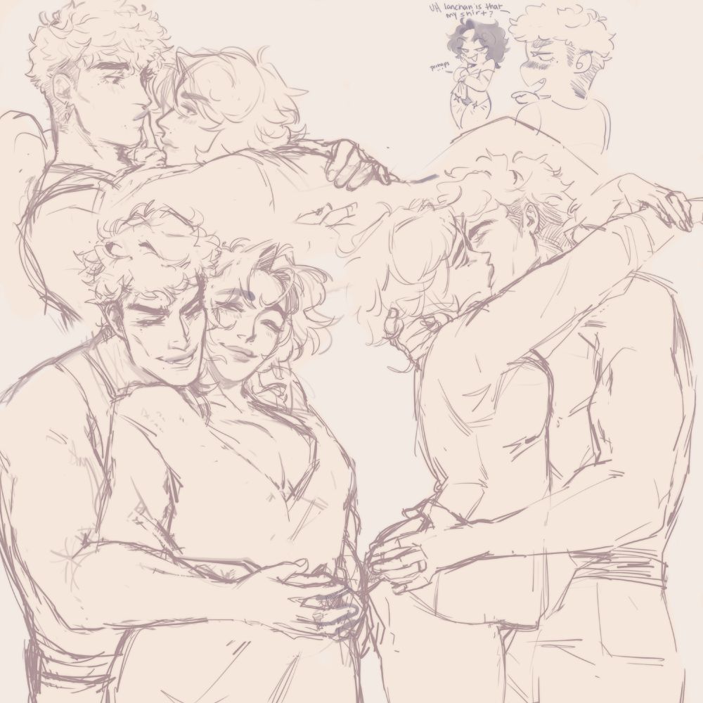 Multiple sketches of Lancelot and Vane from Granblue Fantasy in 4 sets.
Top left: Lancelot lying on Vane while poking him on the lips.
Top right: Lancelot lifting his shirt and flashing while Vane questions him. TEXT: "UH Lanchan is that my shirt?" "Perhaps..."
Bottom left: Vane hugging Lancelot from behind.
Bottom right: Vane and Lancelot embracing and kissing.