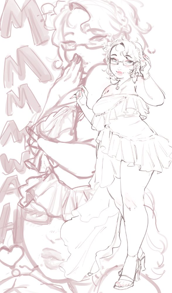 Work of progress of Elaine from Granblue Fantasy. In the foreground she wears a ruffled dress, and in the background shows her blowing a kiss.