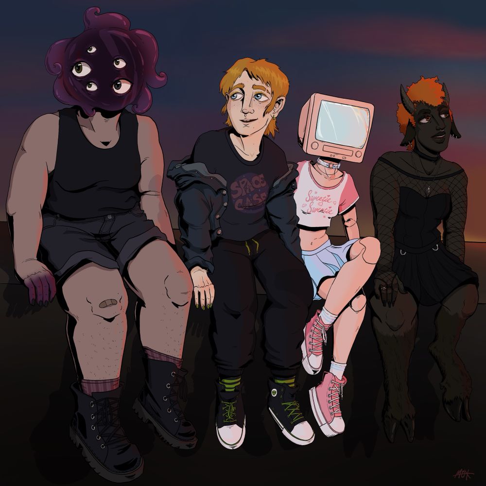 A digital drawing of four individuals sitting with a sunset behind them. One is a chubby girl with a grunge style and a purple mass of tentacles and eyes for a head. Next is a slim non binary red headed human wearing a tee and sweats. Next is a skinny pink robot girl with kawaii fashion and a tv head. Last is a curvy dark skinned girl with goth fashion, orange coily hair, horns and goat legs.