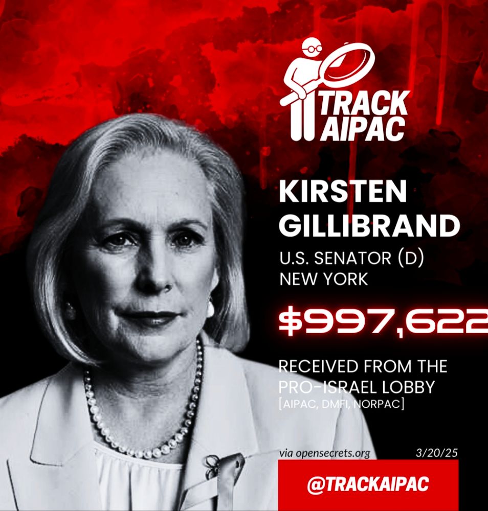 Graphic page from Track AIPAC reporting that Kirsten Gillibrand has received nearly $1,000,000 from the pro-Israel lobby.
