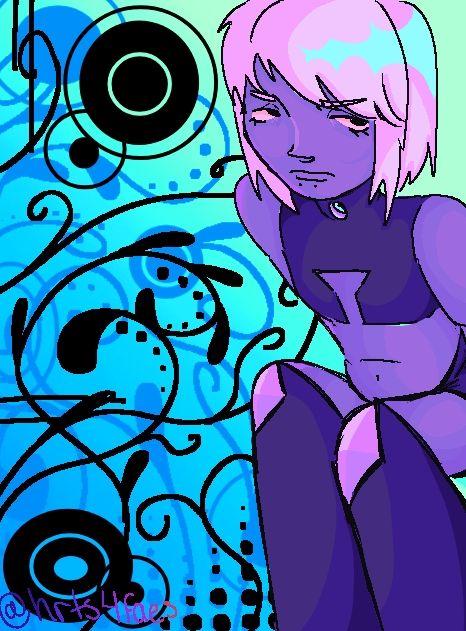 MY GEM GALAXIES OC. IMPERIAL! Short hair, purple skin, pearl gem on her neck, sitting down.
Background is a frutiger metro inspired.