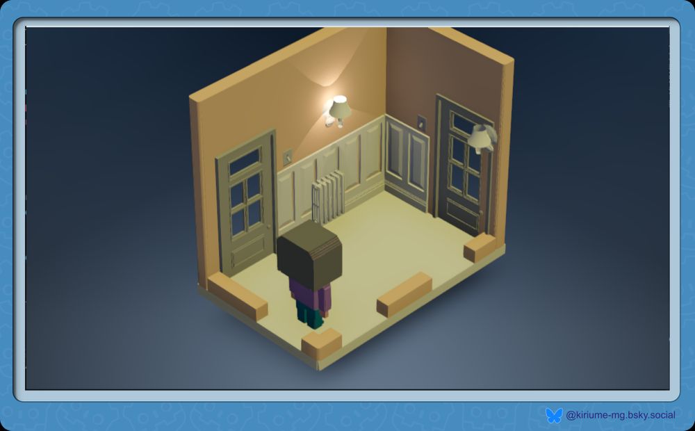 A small, isometric hallway scene from the game.
The walls feature modular wainscoting panels along the lower half. The doors to the main bedroom and the patio are visible—one on each side—and a simple low-poly radiator sits between them, close to the bedroom door.
Two wall-mounted sconce lights are present: one is casting soft light and shadows, while the other is turned off.
The player character stands near the kitchen door in the left corner, facing right toward the patio door.
The scene is untextured but clean, showcasing early lighting and layout tests.