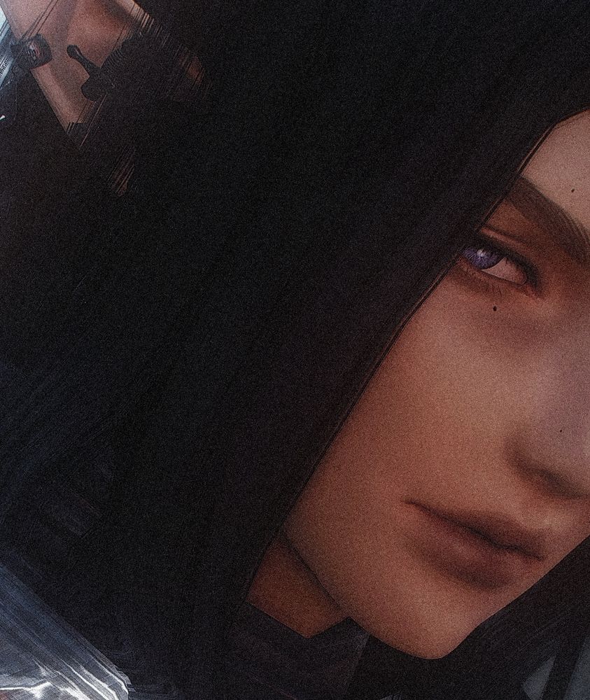 Close up of Kaehluhhn, looking at the camera. His lavender eyes and beauty marks are clearly visible. 