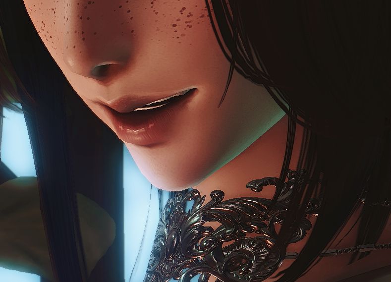 A close up of Maeryn smirking fondly. 