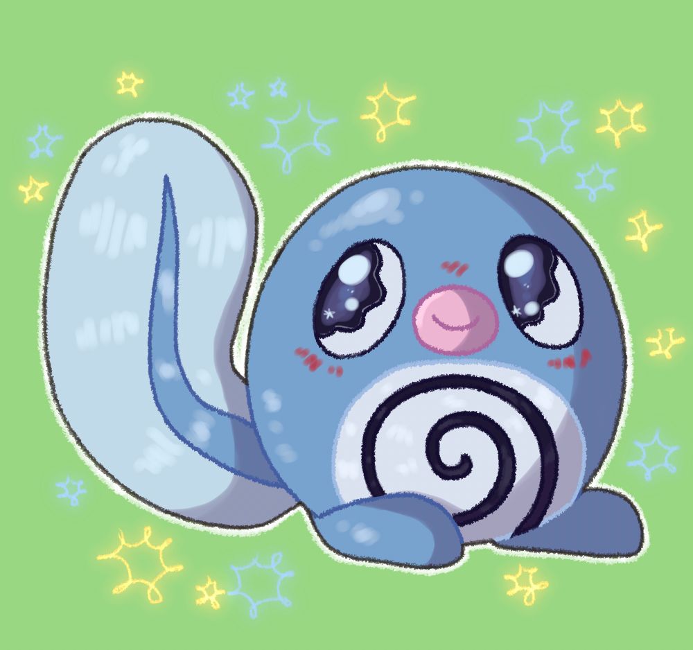 A digital drawing of the Pokémon poliwag floating in a green background. He is surrounded by sparkly blue and yellow stars and his eyes are big and full of mystery!! I really wanted him to look sweet.