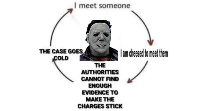Michael Myers from Halloween 1978 is centered. He has an edited goofy grin over his iconic mask. A ring of text surrounds him in a loop, reading "I meet someone. I am cheesed to meet them. The authorities cannot find enough evidence to make the charges stick. The case goes cold."