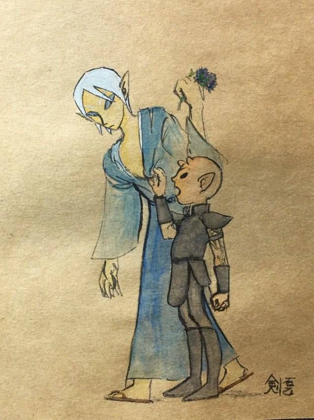 Traditional art. A Bosmer is grabbing an elf who holds flowers