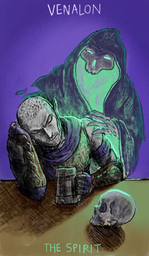 A Dunmer is drinking and thinking at the table where a skull is placed, while a spirit is around him. 