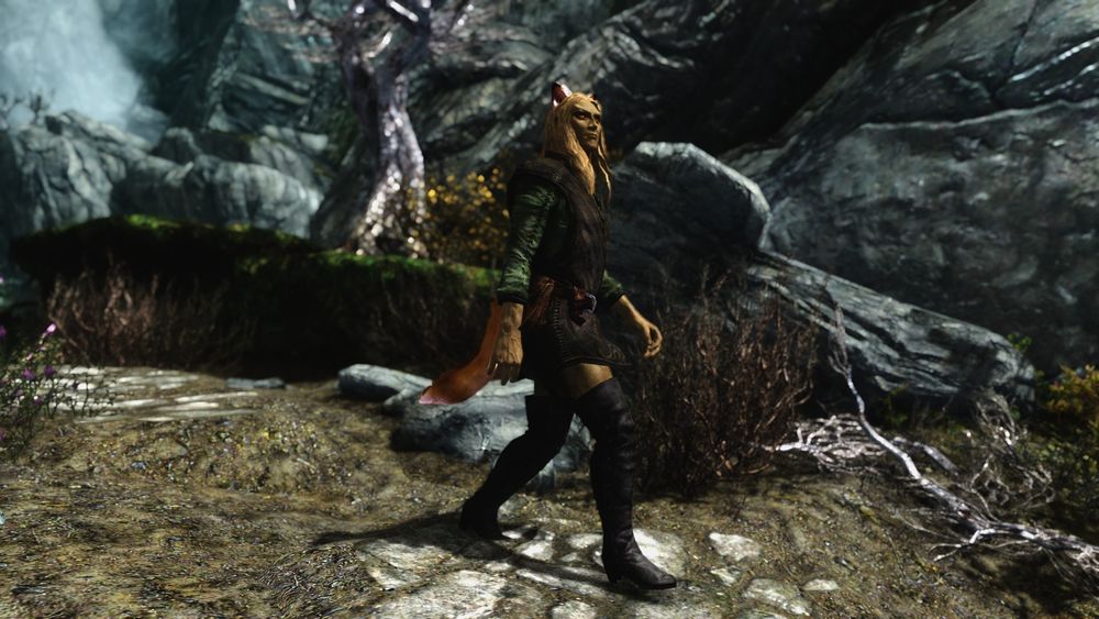 Skyrim 스크린샷. 바지를 입지 않고 부츠를 신은 알트머가 걸어가고 있다.