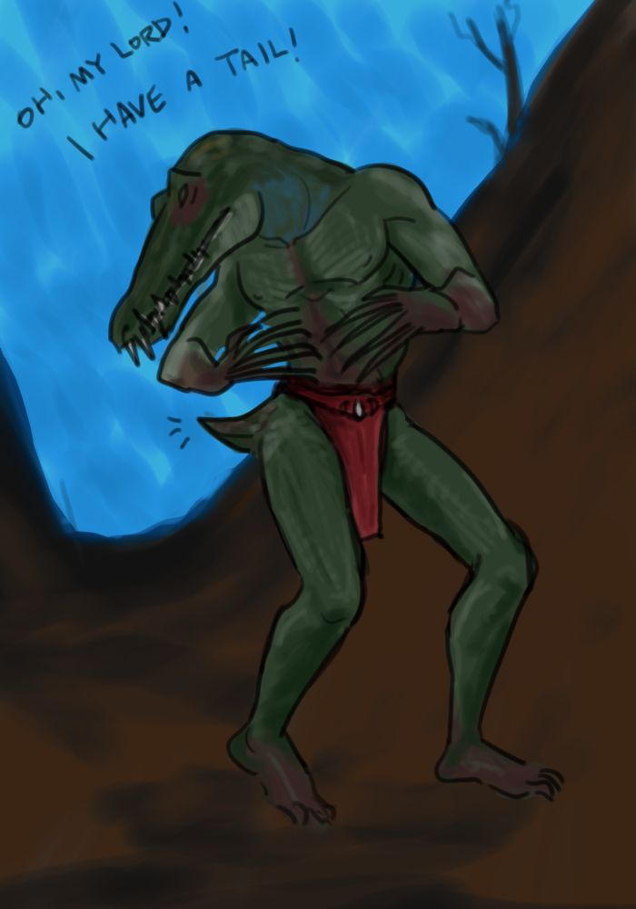 A daedroth is looking at their own tail. 