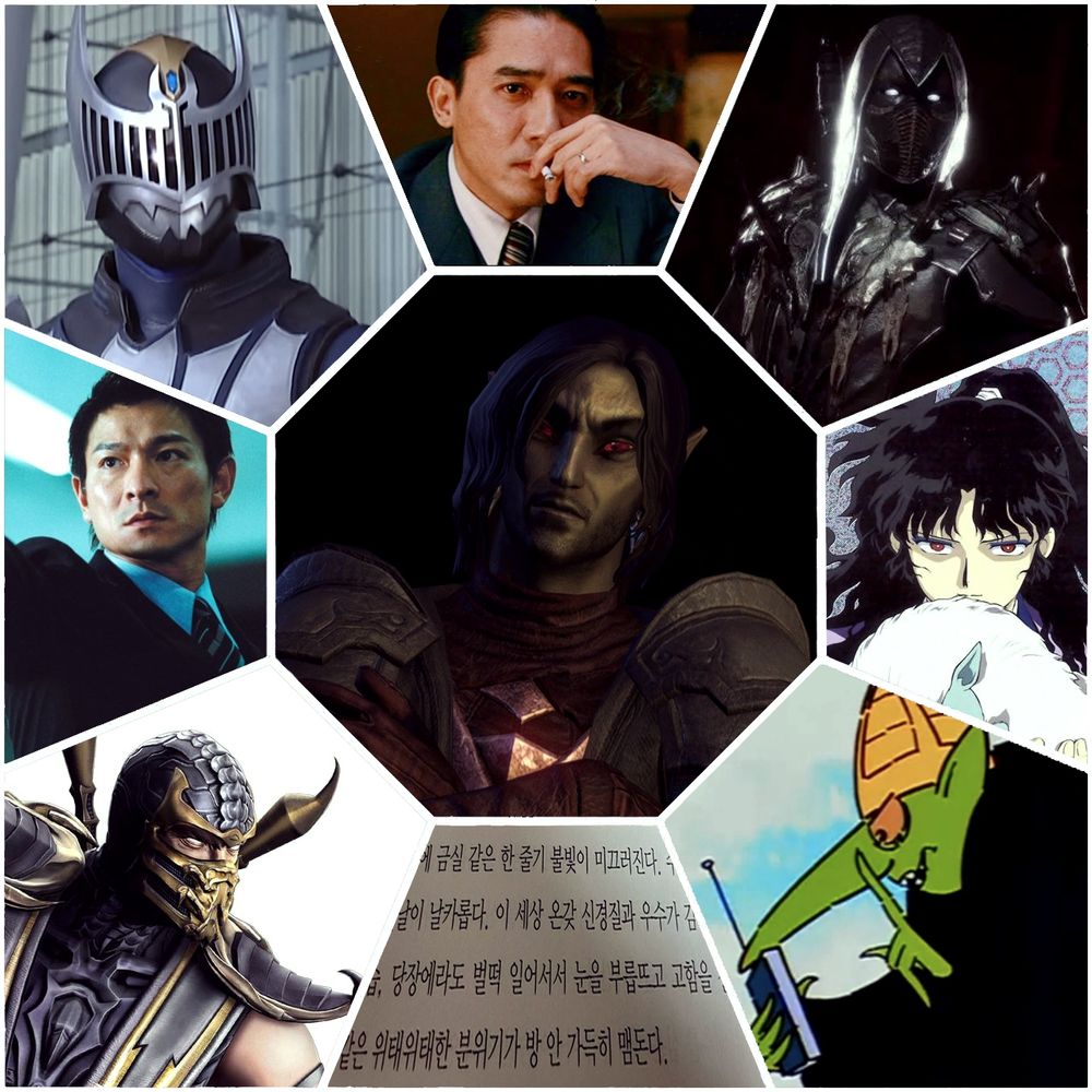 상단 왼쪽: 나이트, 아키야마 렌(가면라이더 류우키)
상단 가운데: 이모청(색, 계)
상단 오른쪽: 눕 사이봇, 비한(모탈 컴뱃 시리즈)
중앙 왼쪽: 유건명(무간도 시리즈)
정중앙: 마로 베님(엘더스크롤 OC)
중앙 오른쪽: 나락(이누야샤)
하단 왼쪽: 스콜피온, 한조 하사시(모탈 컴뱃 시리즈)
하단 가운데: 최치수(토지)
하단 오른쪽: 코백스(곤돌랜드의 머지)