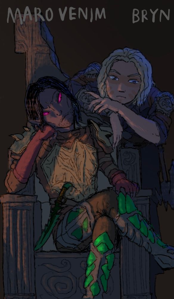 A Dunmer is sitting on a broken throne that a Nord is leaning on