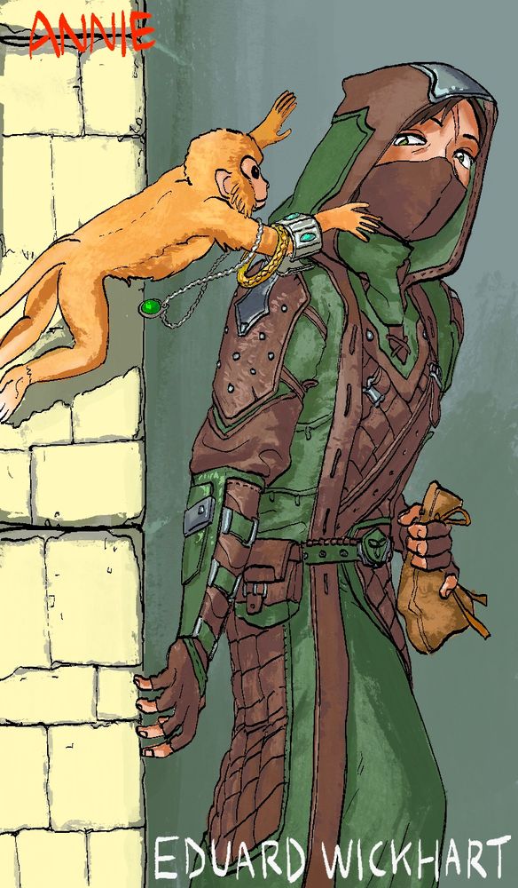 A yellow Imgakin monkey with some jewels is jumping towards a Breton standing behind a wall.