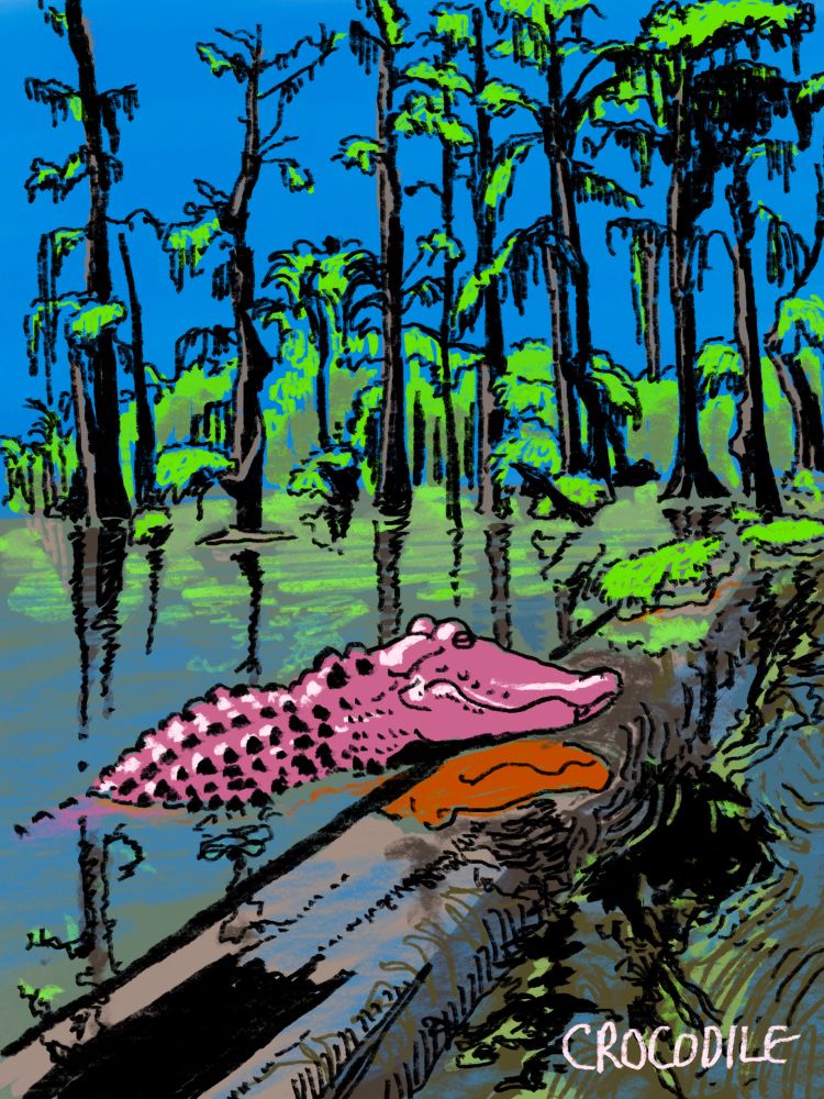 쓰러진 나무에 얼굴을 기대고 있는 악어를 그린 그림. 