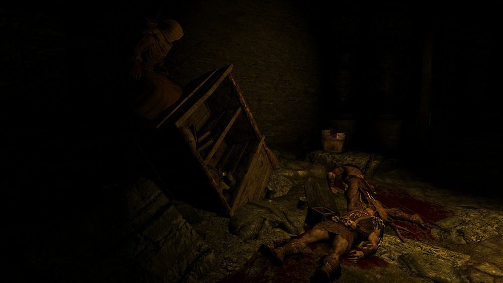 어둠에 숨어있는 보스머와 쓰러져 죽어 있는 reachmen