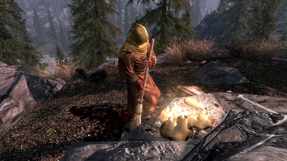 피범벅이 된 shrine 앞을 청소하는 보스머