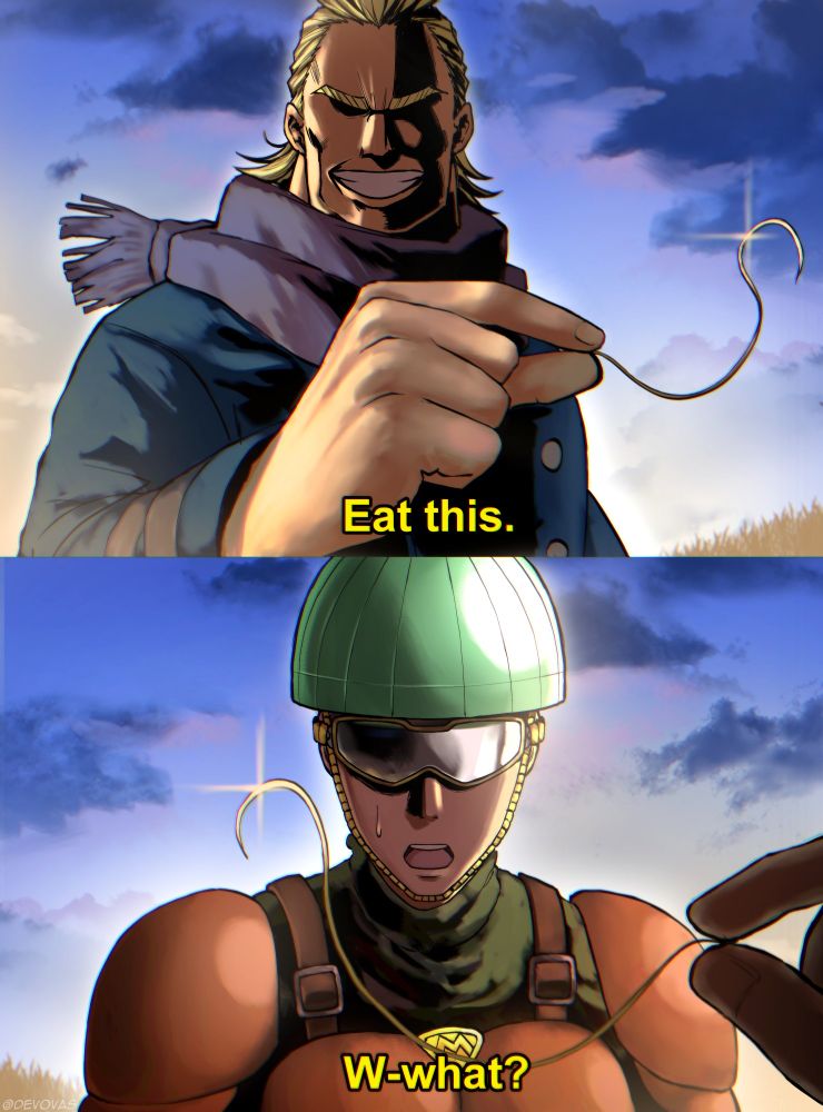 In this illustration, All Might meet Mumen Rider and decides to let him inherit his power by eating his hair.